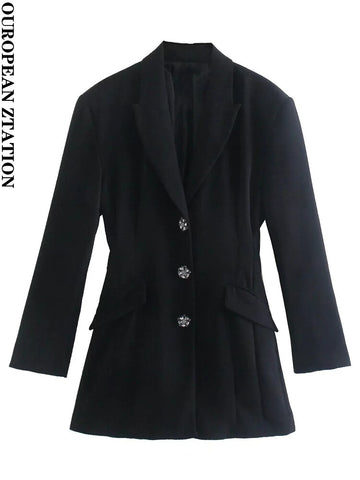 Women rhinestone buttons long blazer 2023 Spring long sleeve slim blazers female Elegant blazer jacket