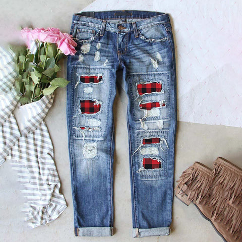 Women's 2022 Casual Colorful Check Pattern Patchs Excoriation Pockets High-Waisted Daily Jeans Straight-leg Trousers