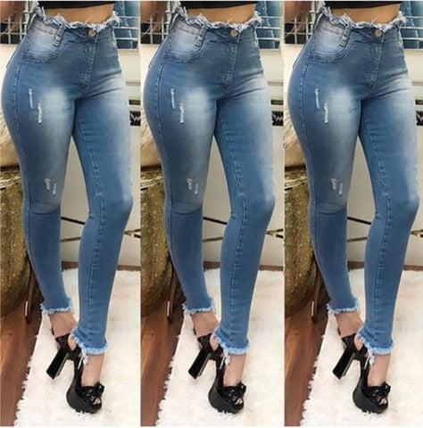Women's 2022 summer pencil high-waist elastic ripped jeans skinny jeans woman