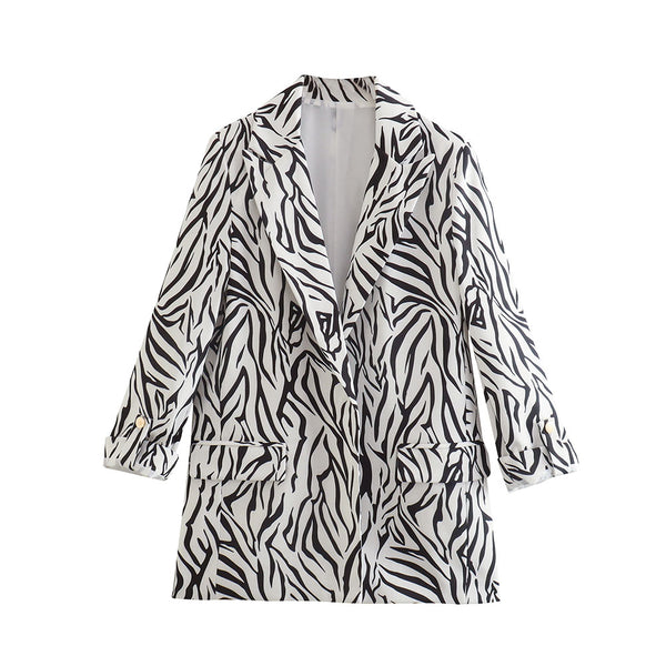Women's 2023 Summer Buttonless Rollable Sleeves Casual Suit Jackets Zebra Pattern Casual Tops