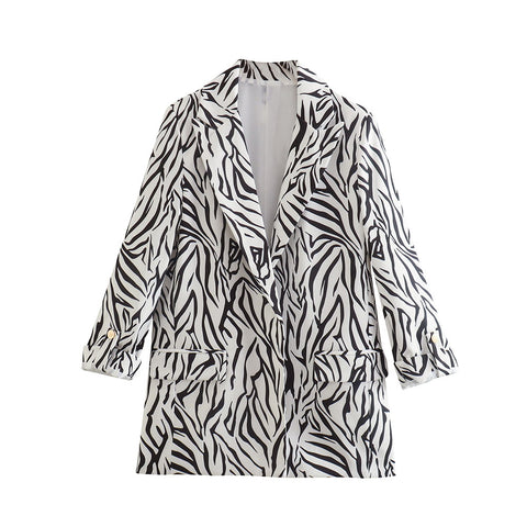 Women's 2023 Summer Buttonless Rollable Sleeves Casual Suit Jackets Zebra Pattern Casual Tops