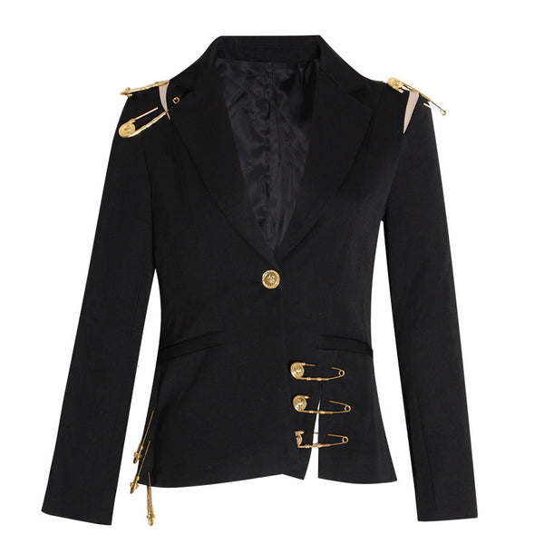 Women's 2023 autumn street punk shoulder mesh stitching pin decoration long-sleeved slim fit slim suit jacket