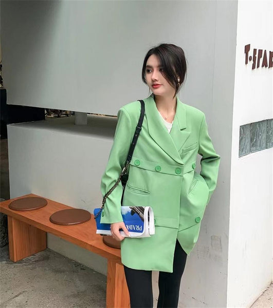 Women's 2023 autumn street time personality button grass green truncation layered mid-length loose suit jacket
