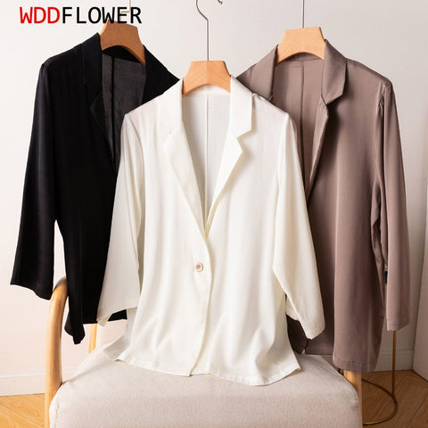 Women's 95% Mulberry Silk 5% Spandex 19 momme Black White One Button Blazer Jacket office work M L XL JN647