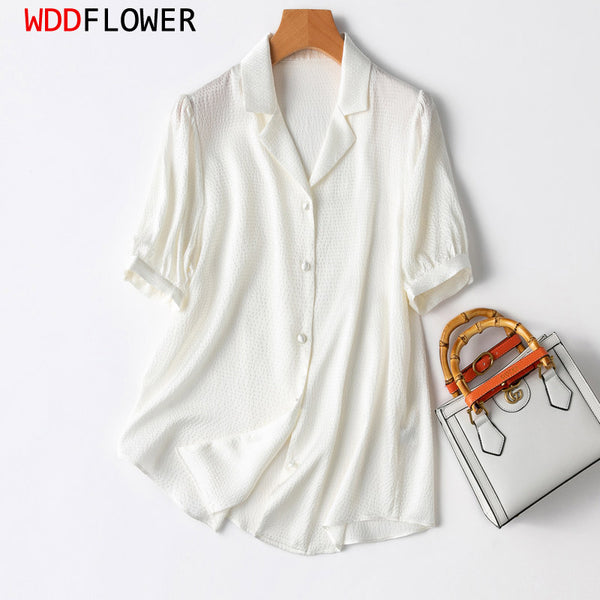 Women's 95% Mulberry Silk 5% Spandex 20 momme Heavy Silk Solid White Buttons Down Short Sleeve Top Shirt Blouse L XL XXL MM542