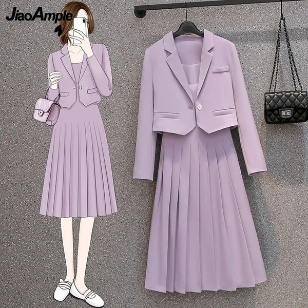 Women's Autumn Purple Blazer Sling Skirt Two Piece Suit 2023 Casual Professional Wear Korean Elegant Suit Dress Set