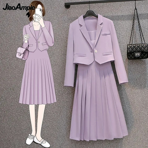 Women's Autumn Purple Blazer Sling Skirt Two Piece Suit 2023 Casual Professional Wear Korean Elegant Suit Dress Set