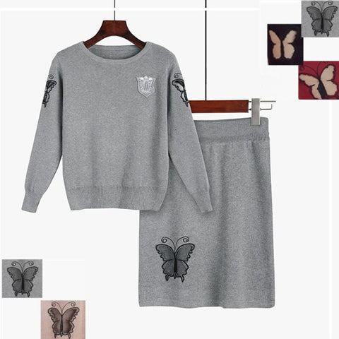 Women's Autumn Winter clothes knitted sweater skirts suits Female embroidery long sleeve tops and Skirt 2 piece sets NS135