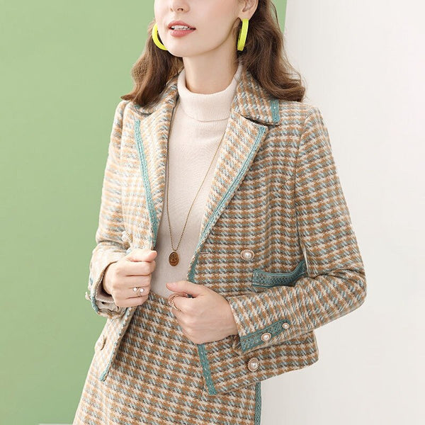 Women's Autumn Wool Blends Blazer Skirts Two Piece Dress Set Korean Lady Graceful Slim Jacket Skirt Outfits Elegant Clothing