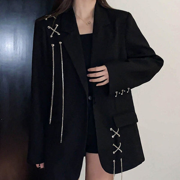 Women's Black Blazer 2023 Spring Autumn Korean Loose Chain Female Suit Jackets Long Sleeves Casual Coat