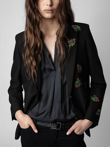 Women's Black Single Button Blazer Floral Rhinestones Long-sleeved 2023 Autumn Winter Office Lady Suit Coat