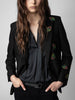 Women's Black Single Button Blazer Floral Rhinestones Long-sleeved 2023 Autumn Winter Office Lady Suit Coat