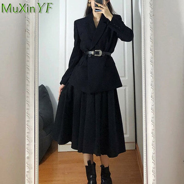 Women's Black Slim Blazers A-Line Skirts Two Piece Dress Set Korean Office Lady Graceful Suit Jacket with Waistbelt Outfits