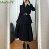 Women's Black Slim Blazers A-Line Skirts Two Piece Dress Set Korean Office Lady Graceful Suit Jacket with Waistbelt Outfits