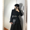 Women's Black Slim Blazers A-Line Skirts Two Piece Dress Set Korean Office Lady Graceful Suit Jacket with Waistbelt Outfits