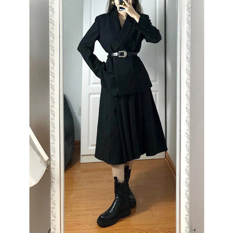 Women's Black Slim Blazers A-Line Skirts Two Piece Dress Set Korean Office Lady Graceful Suit Jacket with Waistbelt Outfits