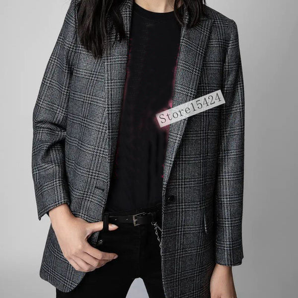 Women's Blazer 2023 Fall Casual Check Print Slim Fit Professional Women's Jacket Wool Blend Jacket