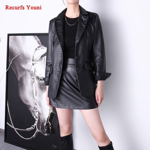 Women's Blazer And Skirts Set 2023  Crocodile Pattern Printed Genuine Leather Slim Fit 2 Piece Set Female Chic Suit Jupe