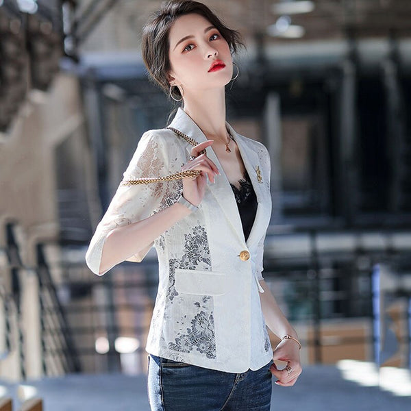 Women's Blazer Jacket Korean 2023 Spring Summer Slim Lace printing Small Suit Jackets  Ladies Elegant Thin Blazers Women Coa
