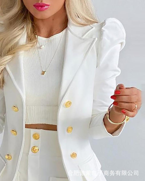 Women's Blazer Suit Office Lady Solid Color Long Puff Sleeve Suit Half Skirt Set Women Two-piece White Women's Skirts Suit