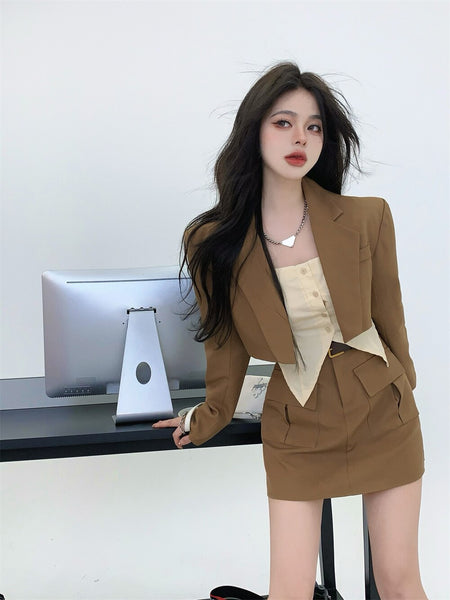 Women's Blazer Suits High Waist Short Temperament Top Khaiki Suit Jacket and Mini Skirt Sets Elegant Commuter Style Clothing