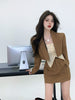 Women's Blazer Suits High Waist Short Temperament Top Khaiki Suit Jacket and Mini Skirt Sets Elegant Commuter Style Clothing
