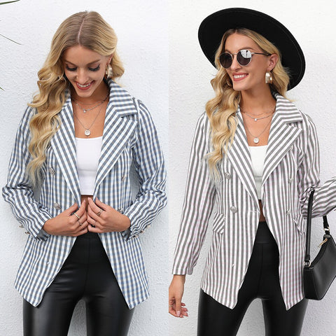 Women's Blazer Vintage Striped Print Lapel Office Ladies Traf Blazer Femme Long Sleeve Tops Blazers Women