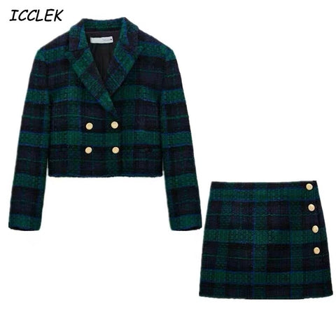 Women's Blazers Sets Jackets Green Plaid Coats Cropped Female Two Piece Vintage Workwear Outfit Ladies Office Long Sleeve Za TRF