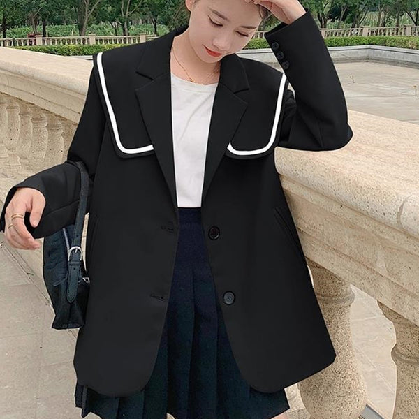 Women's Blazers Spring Autumn 2023 Korean Lady Sailor Collar Black Suit Jacket Casual Coats Loose Outerwear Female