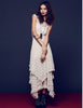 Women's Boho People Sexy Long Dress Double Layered Ruffled Trimming Low V-back Lace Sleeveless Summer Bohemian
