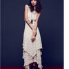 Women's Boho People Sexy Long Dress Double Layered Ruffled Trimming Low V-back Lace Sleeveless Summer Bohemian