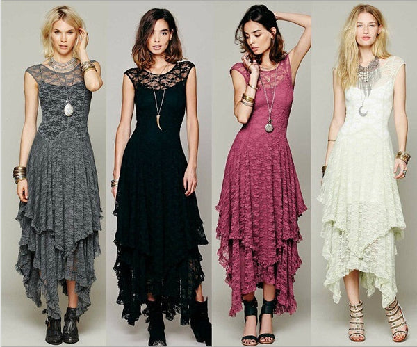 Women's Boho People Sexy Long Dress Double Layered Ruffled Trimming Low V-back Lace Sleeveless Summer Bohemian