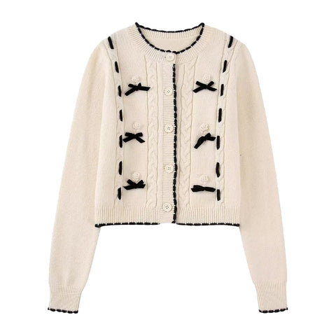 Women's Bow Decoration Casual Knit Jacket Round Neck Long Sleeve Chic Female Elegant Sweater Cardigan Mujer