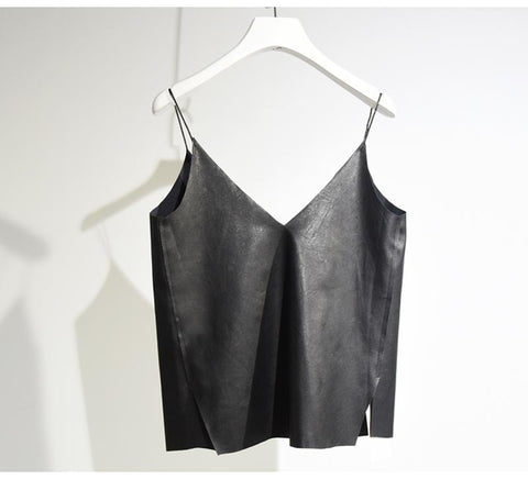 Women's Brief V Neck Camisole 2022 Summer Casual Ladies Faux Leather Bottoming Shirt Sides Splits Black Vest For Girls SH158