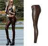 Women's Brown Coated Jeans Skinny Stretch Low Waist Pants Motorcycle Biker Jeans Multi Zipper Punk Faux PU Leather Pencil Pants
