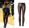Women's Brown Coated Jeans Skinny Stretch Low Waist Pants Motorcycle Biker Jeans Multi Zipper Punk Faux PU Leather Pencil Pants