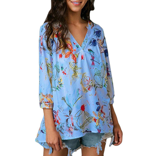 Women's Button Blouse V Neck Printed Three Quarter Loose Casual Top Summer Fashion Shirt Female Loose Blouses