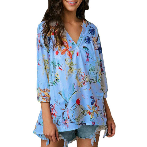 Women's Button Blouse V Neck Printed Three Quarter Loose Casual Top Summer Fashion Shirt Female Loose Blouses