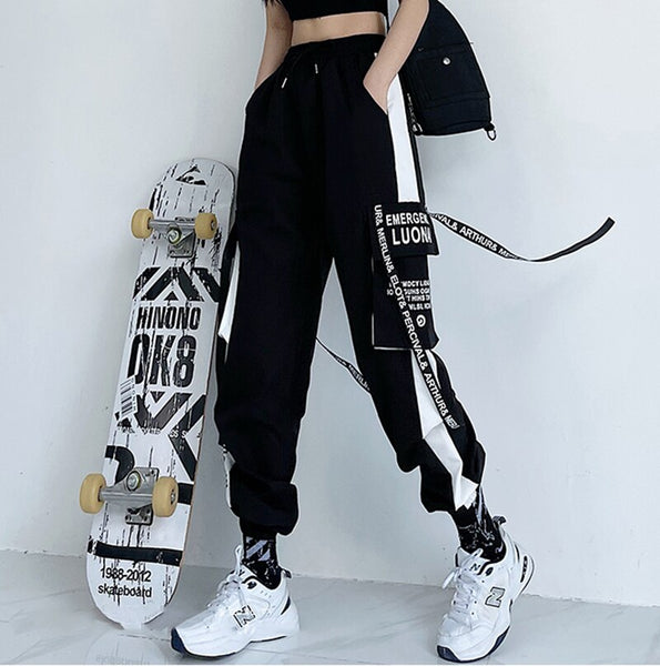 Women's Cargo Pants Buckle Ribbon Pocket Jogger Elastic Waist High Streetwear Harajuku Pant Chain Females Two Piece Pants