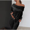 Women's Casual 2 Piece Velvet Homewear Sets Slash Neck Off Shoulder Long Sleeve Pullover Top + Long Pant Clothes Sets
