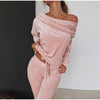 Women's Casual 2 Piece Velvet Homewear Sets Slash Neck Off Shoulder Long Sleeve Pullover Top + Long Pant Clothes Sets