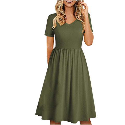 Women's Casual  Dress V-Neck Short Sleeve Midi Dress Ladies Summer Solid Color Plus Size Pleated Dresses robe femme