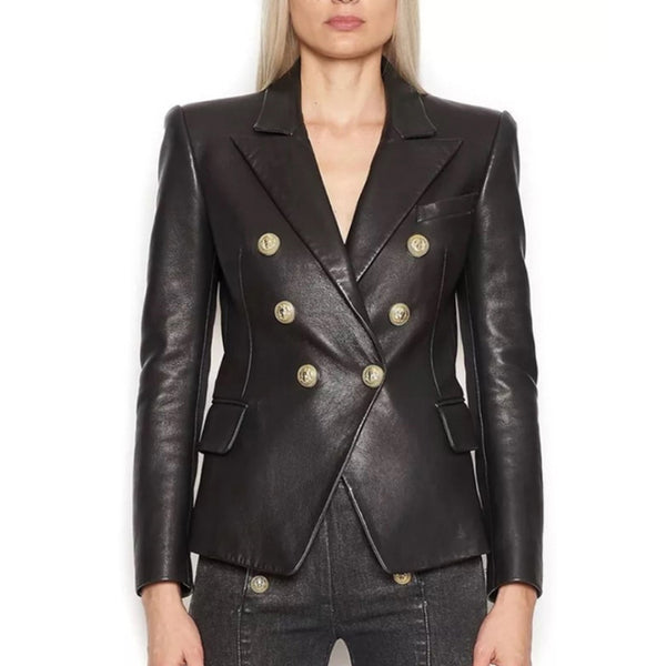 Women's Casual Leather Blazer Jacket Women's Lion Metal Buttons Faux Leather Jacket  Business Outer Coat