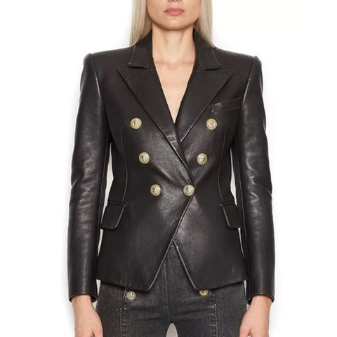 Women's Casual Leather Blazer Jacket Women's Lion Metal Buttons Faux Leather Jacket  Business Outer Coat