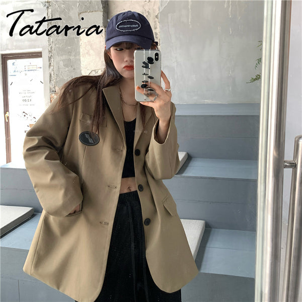 Women's Casual Single Button Solid Suit Blazer Jackets Long Sleeve Loose Female Outwear 2023Spring Khaki Blazer Jeckets