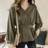 Women's Casual V Neck Button Up Slim Ruffles Waist Long Sleeve Solid Blouse Batwing Sleeve Shirt Women Tops Female  Autumn