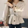 Women's Casual V Neck Button Up Slim Ruffles Waist Long Sleeve Solid Blouse Batwing Sleeve Shirt Women Tops Female  Autumn