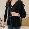 Women's Casual V Neck Button Up Slim Ruffles Waist Long Sleeve Solid Blouse Batwing Sleeve Shirt Women Tops Female  Autumn