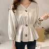 Women's Casual V Neck Button Up Slim Ruffles Waist Long Sleeve Solid Blouse Batwing Sleeve Shirt Women Tops Female  Autumn