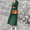Women's Chiffon Long Pleated Green Dress V Neck Long Sleeve Maxi Autumn Winter Dress 2022 Female Party A Line Robe Vestidos New